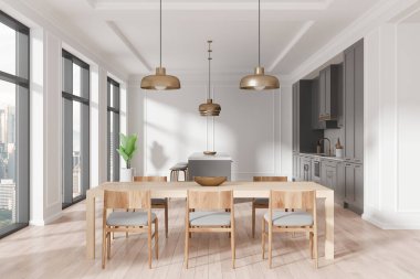 Klasik ev mutfağı. Yemek masası, bar adası, ahşap zemin. Kuala Lumpur 'da panoramik pencereli yemek dolabı ve yemek odası. 3B görüntüleme