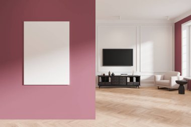 Beyaz ve pembe oturma odasının içi koltuk, çekmece, sehpa ve dekorasyonla dolu. Panoramik pencere ve duvar bölmesindeki tuval posterini taklit et. 3B görüntüleme