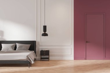 Beyaz ve pembe otel odasının içinde yatak odası ve gri çarşaflar, parke zemin süslemeli komodin. Görünmez kapılı minimalist uyku odası. 3B görüntüleme