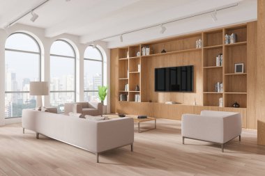 Oturma odası manzarası kanepe ve koltuklar, televizyon ekranı ve büfe, süslemeli raf. Singapur gökdelenlerinde panoramik pencereli bir salon. 3B görüntüleme