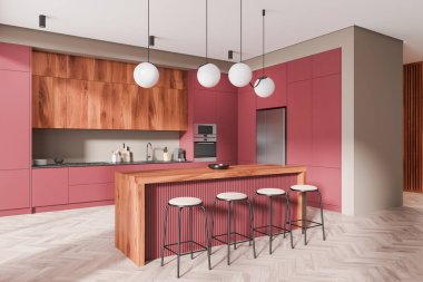 Ev mutfağı manzarası, kırmızı ahşap dolap, bar adası ve ahşap zemindeki koltuklar. Buzdolabı ile şık yemek ve pişirme alanı. 3B görüntüleme