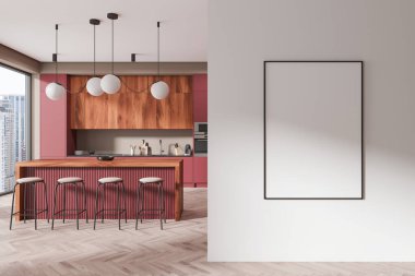 Ahşap dolaplı modern mutfak ve tabureli merkezi bir ada, ışık duvarında boş çerçeveli bir poster var. İç tasarım kavramı. 3B Hazırlama