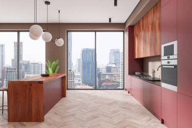 Pürüzsüz dolaplar ve ahşap bir adanın yer aldığı modern bir mutfak. Şehir manzarası olan büyük pencerelerden oluşan bir zemin üzerine kurulmuş. Çağdaş ev tasarımı kavramı. 3B Hazırlama