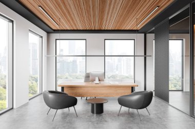 Ahşap tavanlı, geniş pencereli ve modern mobilyalı modern ofis içi. Şehir arka planına sahip minimalist tasarım. İş ve ortak çalışma alanı kavramı. 3B Hazırlama