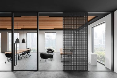 Cam direktörün odası, toplantı masası ve sandalyeleri cam kapılar ardında bilgisayar olan çalışma masası. Bangkok gökdelenlerinin panoramik penceresi. 3B görüntüleme