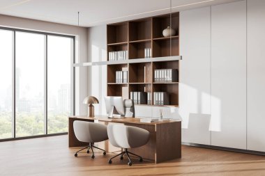 Masasında bilgisayar, parke zeminde koltuklar olan ışık CEO 'sunun köşesi. Raflı modern danışmanlık çalışma alanı. Bangkok gökdelenlerinin panoramik penceresi. 3B görüntüleme