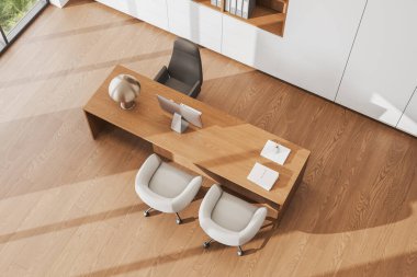 Ahşap çalışma masası, bilgisayar, ahşap zemin. Danışmanlık yeri ve kitaplarla dolu çekmece. Tropik bölgelerde panoramik pencere. 3B görüntüleme