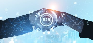 B2B simgeleri ve dijital ağ bağlantılarıyla iş tokalaşması. Soyut mavi arkaplan. İş birliği, teknoloji ve başarı kavramı