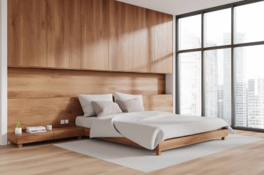 Klasik otel odası manzarası, yataklı iç mekan, dekorasyon ve ahşap döşemeli halı. Şehrin gökdelenlerinde panoramik pencereli rahat bir köşe. 3B görüntüleme