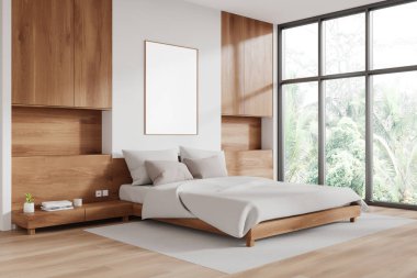 Otelin yatak odası manzaralı iç yatak ve parke zemindeki komodin. Ahşap yatak odası ve ahşap duvarda tuval posteri var. Tropik bölgelerde panoramik pencere. 3B görüntüleme