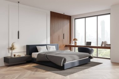 Klasik yatak odası manzarası, yatak odası, dizüstü bilgisayarlı çalışma masası, ahşap döşemeli halı. Samimi dinlenme ve çalışma alanı. Bangkok gökdelenlerinin panoramik penceresi. 3B görüntüleme