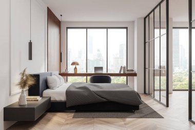 Klasik ev yatak odası, yatak odası, dizüstü bilgisayarı, cam bölmesi ve ahşap döşemesi olan çalışma masası. Bangkok gökdelenlerinin panoramik penceresi. 3B görüntüleme