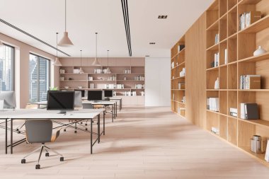 Modern ofis içi açık alan ve ahşap raflar, bilgisayarlı birkaç masa, şehir manzaralı büyük pencereler, beyaz duvarlar ve ahşap zemin. 3B Hazırlama