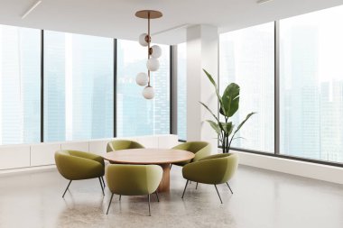 Konferans salonunun köşesinde yuvarlak masa, yeşil koltuklar, beton zemin. Çekmeceli buluşma yeri. Singapur gökdelenlerinin panoramik penceresi. 3B görüntüleme