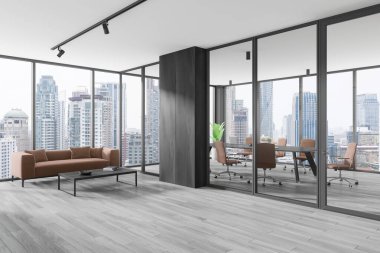 Ofis içi manzarası kanepe, sehpa, ahşap döşeme. Bangkok gökdelenlerindeki cam konferans odası ve panoramik pencere. 3B görüntüleme