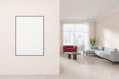 Oturma odasının içi gri kanepe ve kırmızı koltukla aydınlık beton zeminde kahve masası. Singapur gökdelenlerinin panoramik penceresi. Tuvalin posterini hazırla. 3B görüntüleme