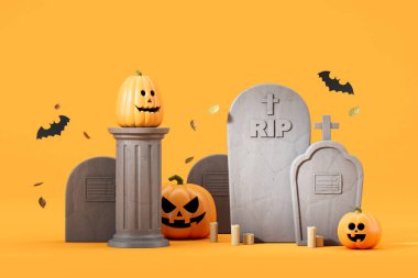 Mezar taşları, oyulmuş balkabakları ve turuncu arka planda uçan yarasalarla Cadılar Bayramı temalı bir sahne. Cadılar Bayramı dekorasyonu kavramı. 3B Hazırlama