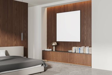 Koyu ahşap ev yatak odası iç yatak odası ve büfe manzarası dekorasyonlu, beton zeminde halı. Kare bez posteriyle rahatlatıcı bir köşe. 3B görüntüleme