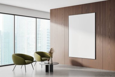 İki yeşil koltuklu, dekoratif kahve masalı ev oturma odası manzarası. Beyaz ve ahşap gevşeme bölgesi ve tuval posteri. Gökdelenlerin panoramik penceresi. 3B görüntüleme