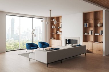 Oturma odasının köşesindeki kanepe ve koltuklar halı, şömine ve ahşap zemin süslemeli raf manzarası. Bangkok gökdelenlerinin panoramik penceresi. 3B görüntüleme