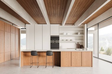 Ahşap ev mutfağı, bar tezgahı, mutfak gereçleri, beton zemin. Kırsal kesimde panoramik pencereli bej yemek alanı. 3B görüntüleme