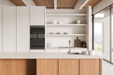 Bej ev mutfağı, bar tezgahı, mutfak gereçleri, beton zemin. Kırsal ve balkonda panoramik pencereli ahşap yemek alanı. 3B görüntüleme