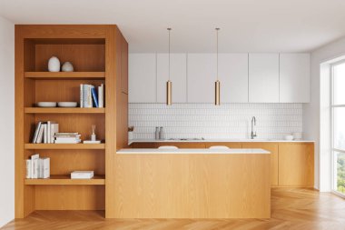 Beyaz ve ahşap ev mutfağı, bar adası, ahşap zemin süslemeli raf. Mutfak gereçleriyle mutfak dolabı. Gökdelenlerin panoramik penceresi. 3B görüntüleme