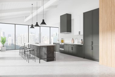 Karanlık dolapları ve kolye ışıkları altında adası olan modern mutfak, büyük pencerelerden şehir manzarası, temiz ve ferah bir düzen, gayrimenkul tasarımı. 3B Hazırlama