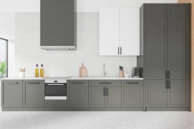 Beyaz ve gri mutfak içi lavabo, elektrikli soba, fırın ve kapüşonlu. Lüks dairede şık, minimalist yemek pişirme alanı. Panoramik pencere. 3B görüntüleme