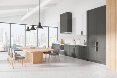 Gösterişli dolaplar, ahşap bir yemek masası ve şehir manzarası sunan geniş pencereli modern mutfak iç mimarisi. Modern ev tasarımı konsepti. 3B Hazırlama