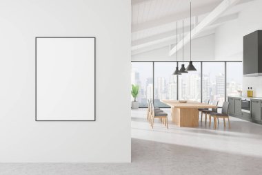 Gri ve beyaz mutfak. Yemek masası, sandalyeler, beton zemin. Singapur gökdelenlerinde dolaplı ve panoramik pencereli yemek pişirme alanı. Tuvalin posterini hazırla. 3B görüntüleme