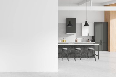 Modern mutfak iç tasarımı, sol tarafında beyaz bir duvar ve şık mutfak elementleri olan gösterişli bir tasarım içeriyor. Model tasarımlar için ideal bir şablon. 3B Hazırlama