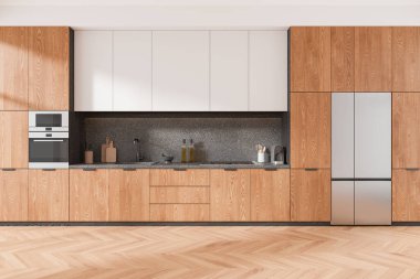 Açık ahşap ev mutfağı. Aletler, mutfak gereçleri, ahşap döşemeler. Lavabo, ocak ve fırın monte edildi, buzdolabı. Modern dairede lüks yemek pişirme alanı. 3B görüntüleme