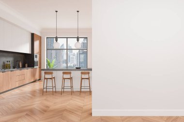 Ahşap zeminde bar adası olan bir ev mutfağı. Yer ve beyaz ahşap mutfak dolabı. Gökdelenlerin panoramik penceresi. Boş duvar bölmesini düzenle. 3B görüntüleme