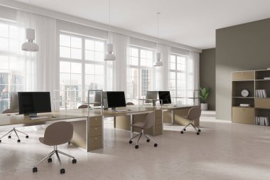 Koltuklu ve bilgisayarlı ofis içi manzarası, dekorasyonlu raflar. Kuala Lumpur gökdelenlerinde panoramik pencereli Laconic çalışma alanı. 3B görüntüleme