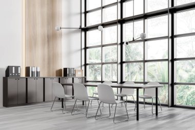 Geniş pencereleri, parlak mobilyaları ve hafif ahşap zemini olan modern tasarımı olan boş bir ofis. Çağdaş çalışma alanı kavramı. 3B Hazırlama