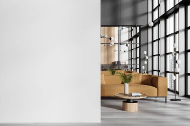 Solunda boş bir duvar, sağında kanepesi ve masası olan rahat bir oturma alanı olan modern ofis içi. Açık ofis kavramı. 3B Hazırlama