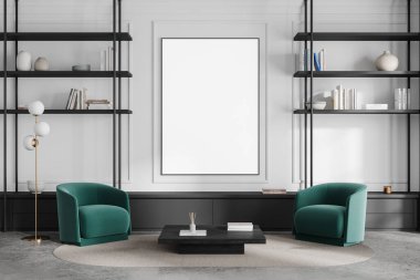 İçinde iki yeşil sandalye, bir sehpa ve duvarında boş bir poster çerçevesi olan çağdaş bir iç mekan. Kitaplar ve dekorasyon malzemeleriyle raflar. Minimalist tasarım. 3B Hazırlama