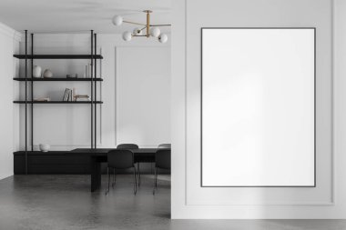 Modern iç mekan, beyaz bir duvarda boş bir poster modeli, minimalist yemek alanı ve arka planda raflar. Sanat gösterisi konseptleri için mükemmel. 3B Hazırlama