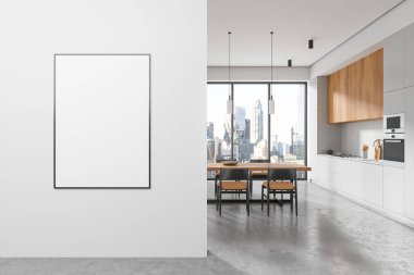 Ahşap ve beyaz mutfak. Yemek masası, sandalyeler, beton zemin. Gökdelenlerde panoramik pencereli yemek dolabı. Bölümdeki tuval posterini taklit et. 3B görüntüleme
