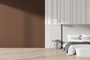 Ahşap döşemeleri olan boş kahverengi bir duvarı olan modern yatak odası. Beyaz yatak ve modern mobilyalar minimalist tasarımı tamamlıyor. Uzay konseptini kopyala. 3B Hazırlama