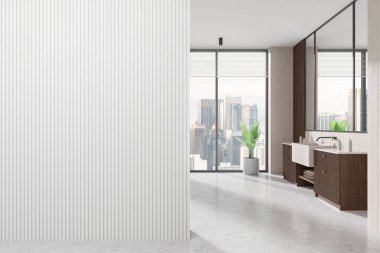 Lüks otel banyosu lavabo ve aynalı, ahşap süslemeli aksesuarlı. Hijyen, güzellik merkezi ve bitki. Gökdelenlerin panoramik penceresi. Boş duvar bölmesi. 3B görüntüleme