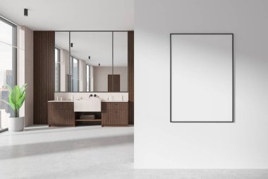 Boş çerçeveli poster modeli modern bir banyo içinde beyaz bir duvara ahşap dolaplar, büyük aynalar ve pencerenin yanında saksı bitkisi. 3B Hazırlama