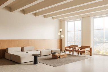 Oturma odası manzarası kanepe ve iki koltuk, halıda süsleme olan ahşap sehpa, beton zemin. Kırsal kesimde panoramik pencere. 3B görüntüleme