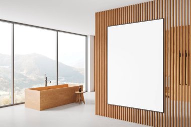 Modern minimalist bir banyoda ahşap bir duvarda ahşap bir poster modeli, ahşap bir küvet ve açık hava manzarası olan geniş pencereler. 3B Hazırlama