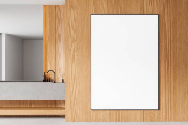 Lavabo ve aynalı, gösterişli ve aksesuarlı hafif bir ev tuvaleti. Ahşap duvardaki uzay tuvali posterini taklit et. 3B görüntüleme