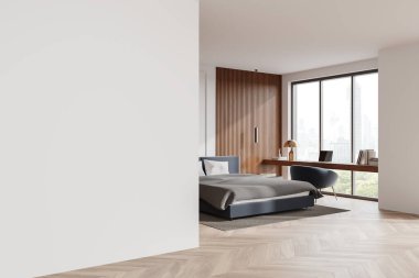 Modern yatak odasının içinde modelleme için beyaz bir duvar var. İçinde bir yatak, ahşap duvar paneli, masa ve şehir manzaralı büyük bir pencere var. 3B Hazırlama