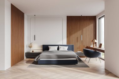 Lüks yatak odası, yatak odası, dizüstü bilgisayarlı çalışma masası, ahşap döşemeli halı. Klasik uyku ve çalışma alanı. Bangkok gökdelenlerinin panoramik penceresi. 3B görüntüleme