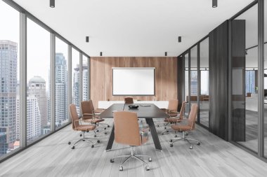 Sandalyeler ve masa ile cam toplantı, dekorasyonlu çekmece. Ofis konferans alanı ve projeksiyon ekranı. Bangkok gökdelenlerinin panoramik penceresi. 3B görüntüleme