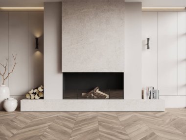 Bej renkli lüks oturma odası şöminesi, vazosu ve kitapları olan raf, ahşap zemin. Odunlarla rahat bir alan, İskandinav tasarımı. 3B görüntüleme